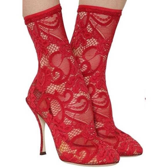 Dolce & Gabbana Stretch Lace Sock Ankle Boots Booties Red 38 - Picture 6 of 6